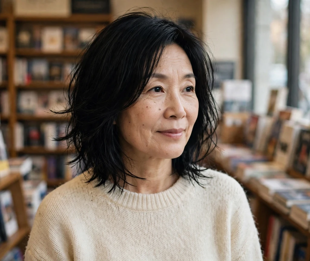 East Asian woman in her mid-fifties with a jet black wispy layered bob in a bookstore
