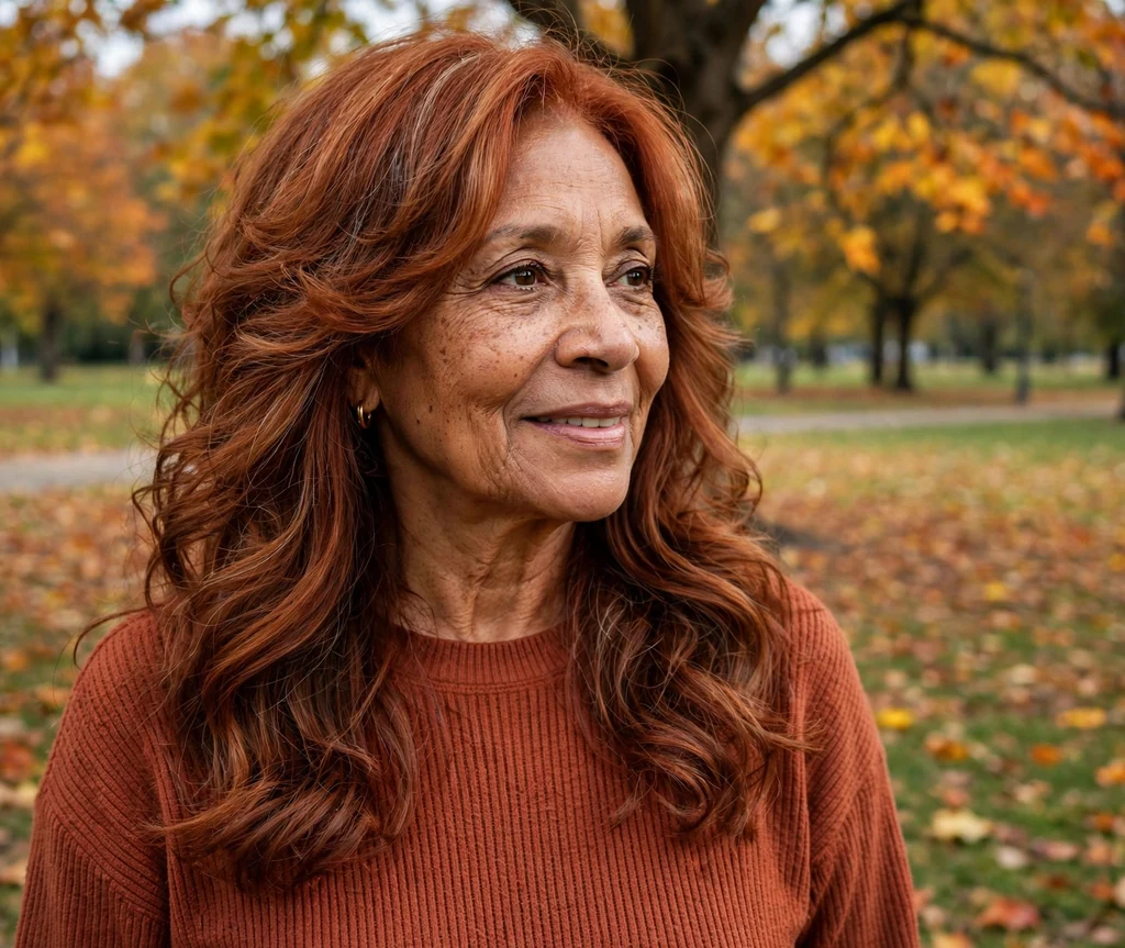 Mixed-race woman in her early sixties with auburn long face-framing layers in an autumn park