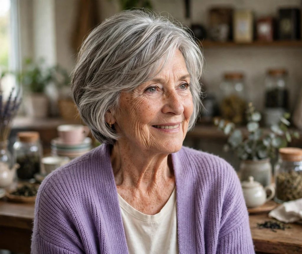 White woman in her early seventies with a silver-grey stacked layered bob in a tea room