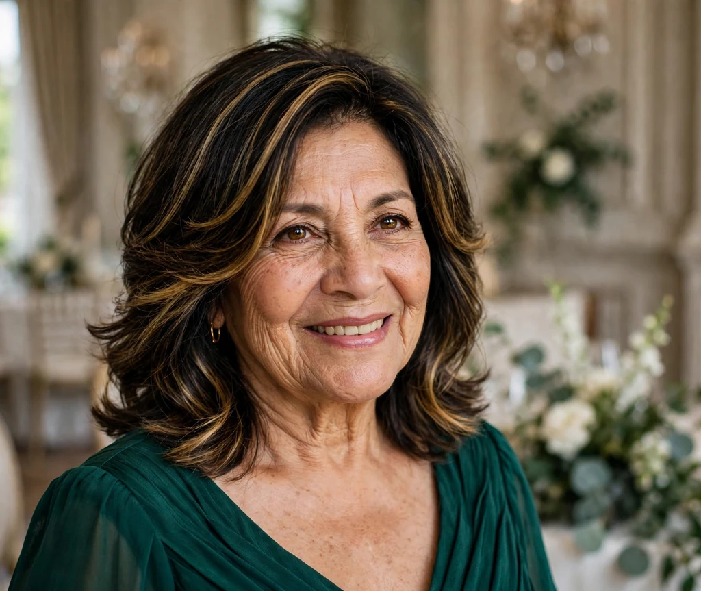 Latina woman in her mid-sixties with a highlighted layered shoulder cut in an emerald dress at a wedding