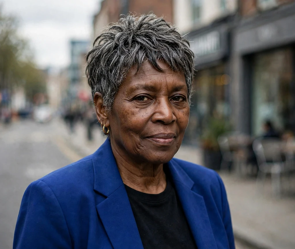 Black woman in her early sixties with a choppy salt-and-pepper layered pixie on a city street