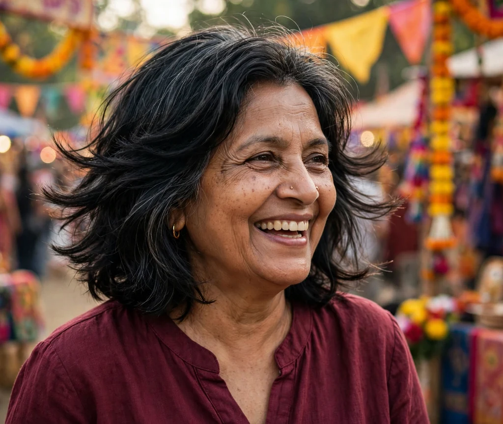 South Asian woman in her early sixties with a black layered mid-length cut with flicked ends at a cultural festival
