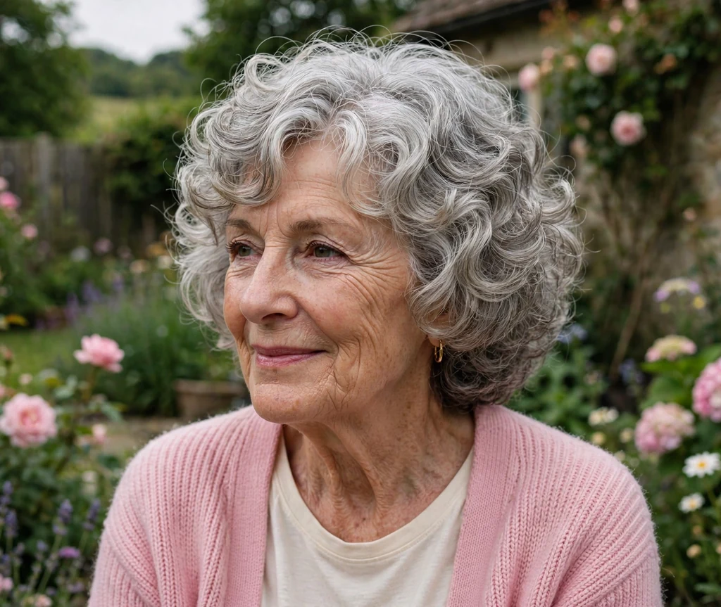 White woman in her late sixties with a silver curly layered cut in a cottage garden