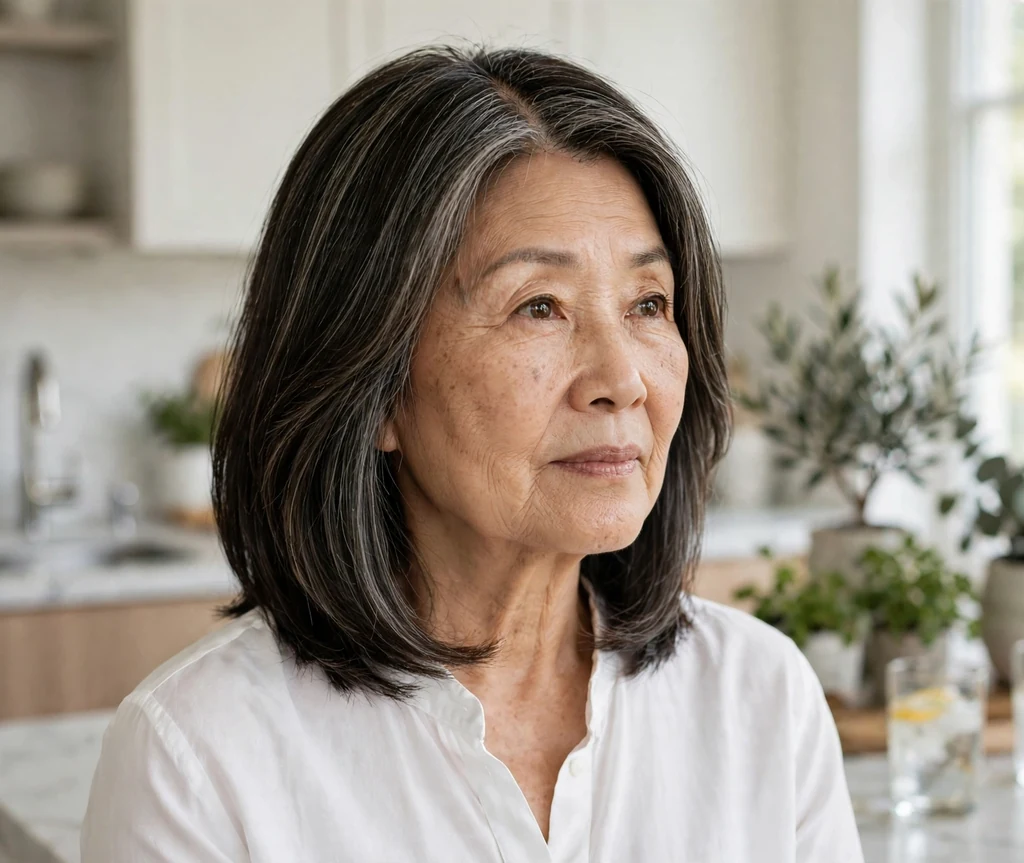 East Asian woman in her late sixties with a sleek layered lob with a middle part in a modern kitchen