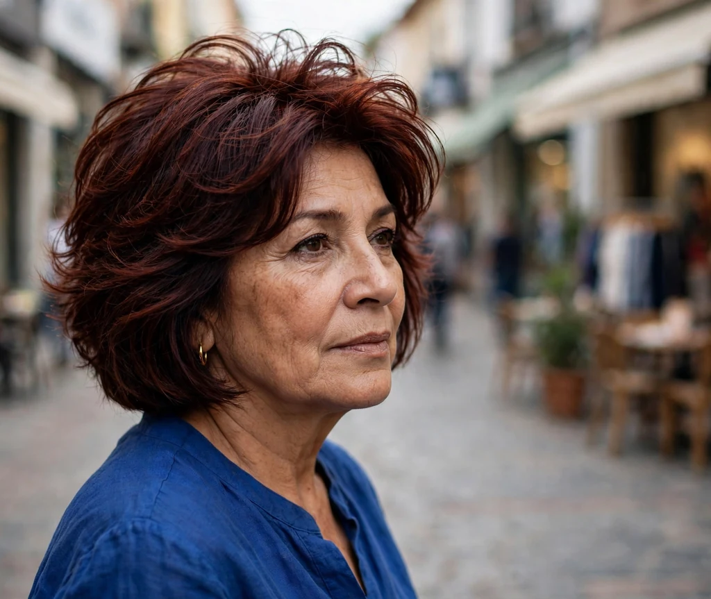 Latina woman in her mid-fifties with a dark auburn layered bob with volume at the crown on a shopping street