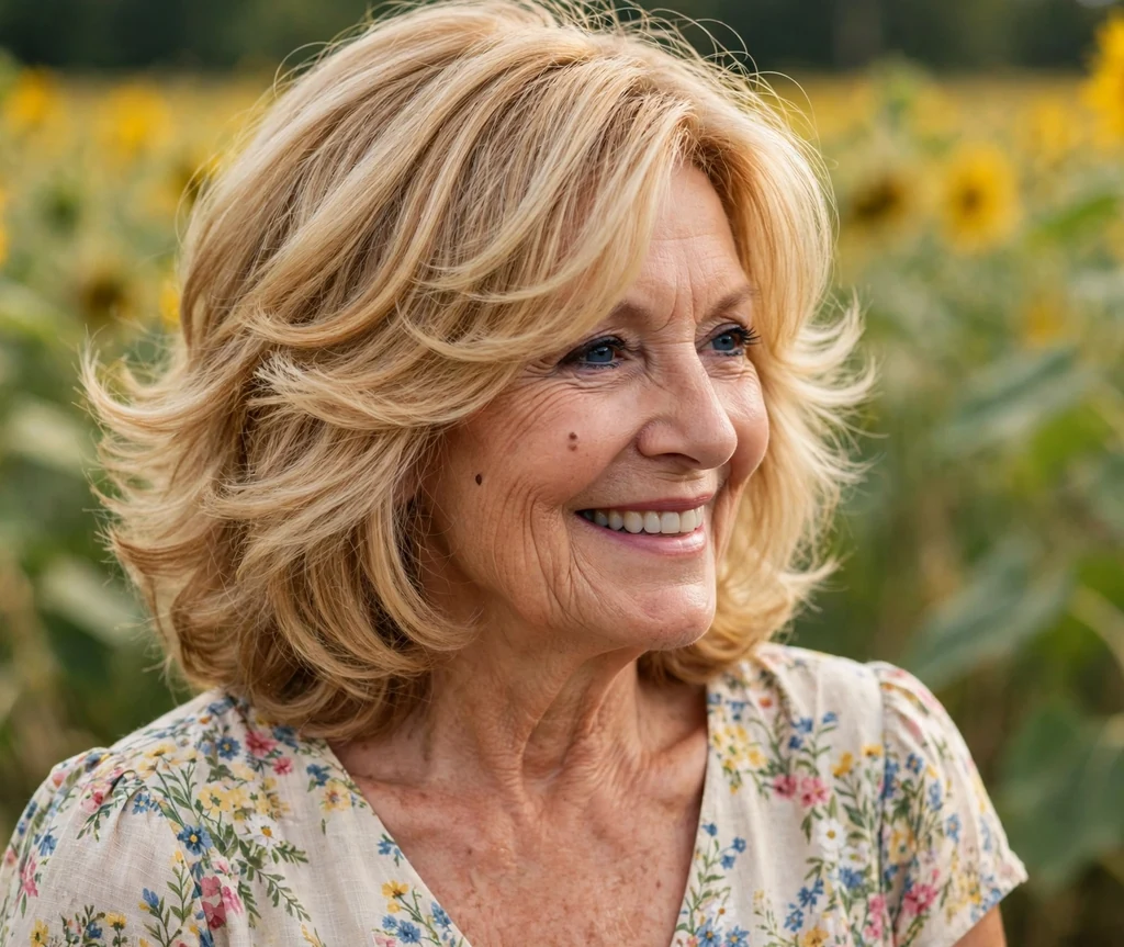 White woman in her early sixties with a golden blonde butterfly layered cut in a sunflower field