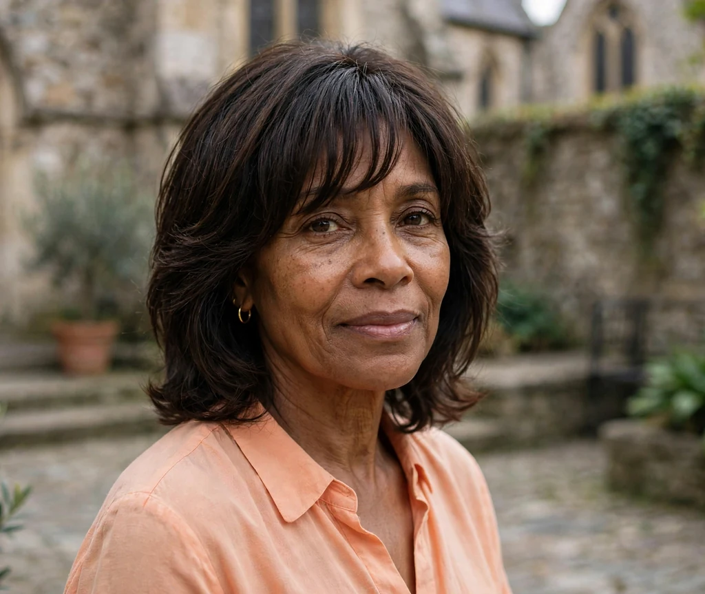 Black woman in her mid-fifties with a dark brown layered haircut with bangs in a church courtyard