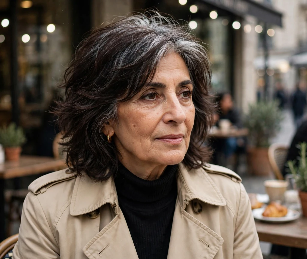 Middle Eastern woman in her late sixties with a tousled layered lob with silver roots in a city café