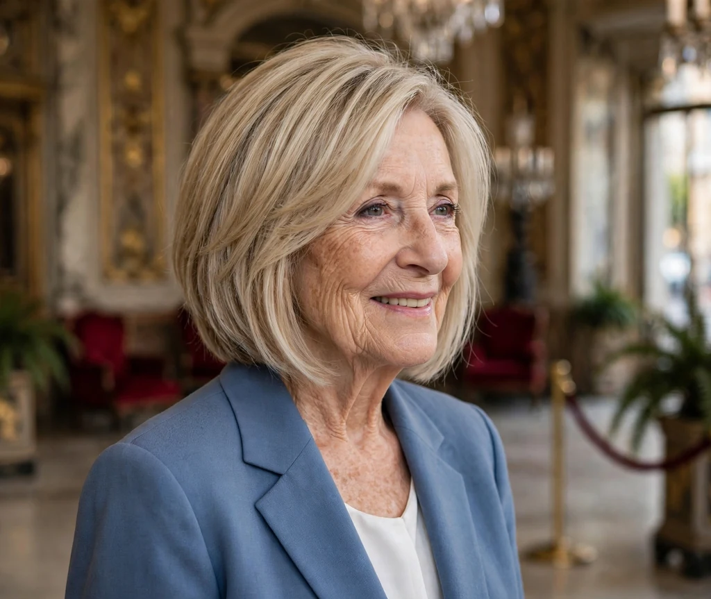 White woman in her early seventies with a champagne blonde layered A-line bob in an opera lobby