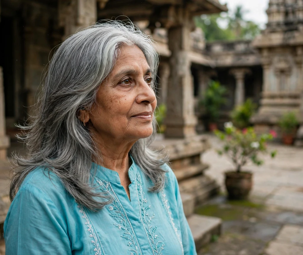 South Asian woman in her mid-sixties with long grey layers with feathered ends in a temple courtyard