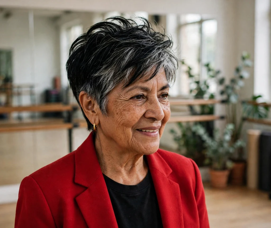 Latina woman in her early sixties with a black layered pixie with tapered sides in a dance studio