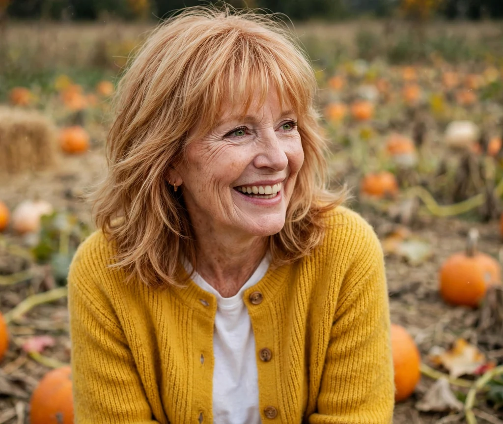 White woman in her late fifties with a strawberry blonde soft shag with layers in a pumpkin patch