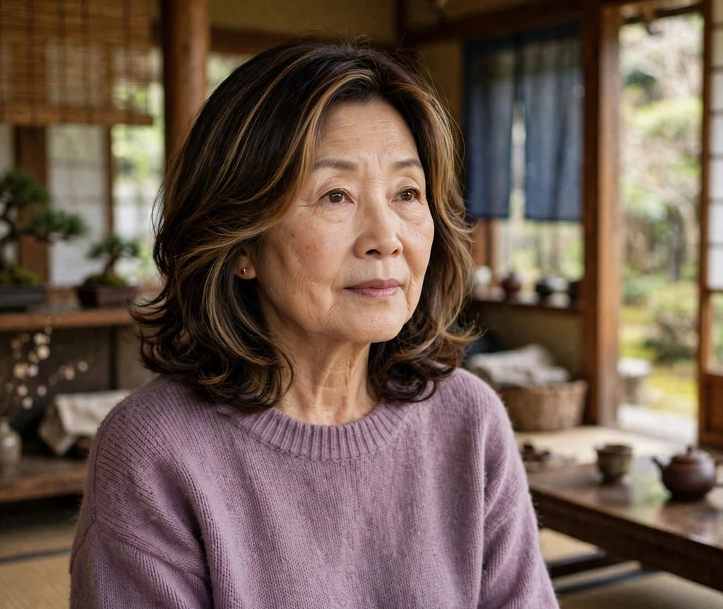 East Asian woman in her early sixties with a layered cut with face-framing highlights in a tea house