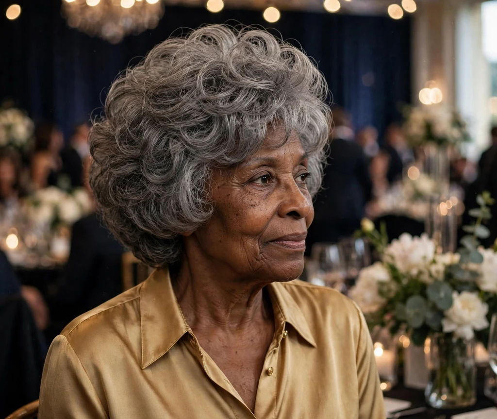 Black woman in her late sixties with a voluminous layered cut for fine grey hair at a gala event