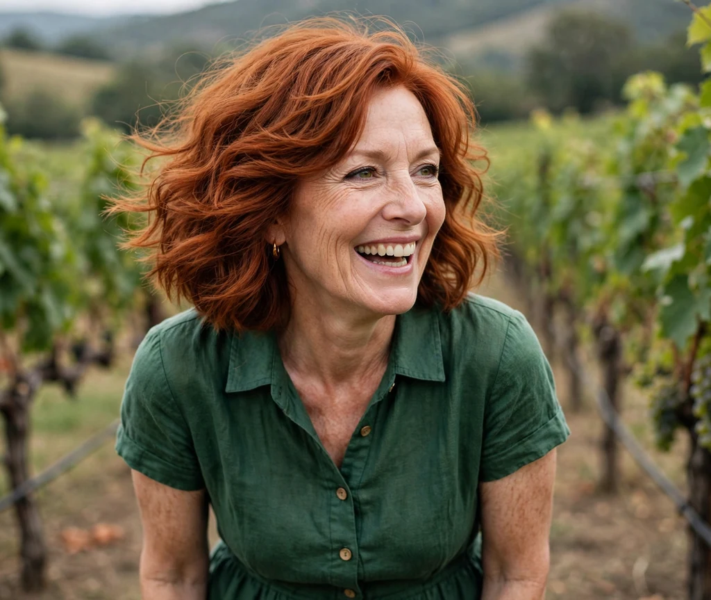 White woman in her mid-fifties with a copper red layered wavy bob in a vineyard