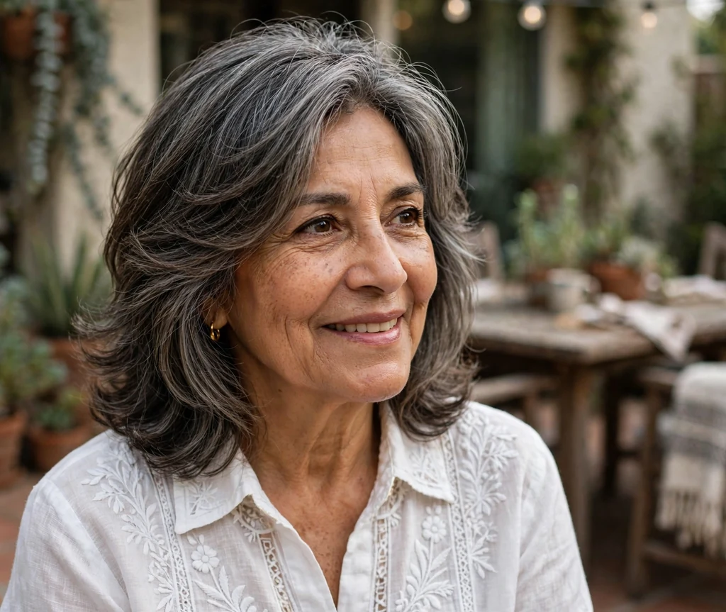 Latina woman in her late sixties with a classic salt-and-pepper layered shoulder cut on a family patio