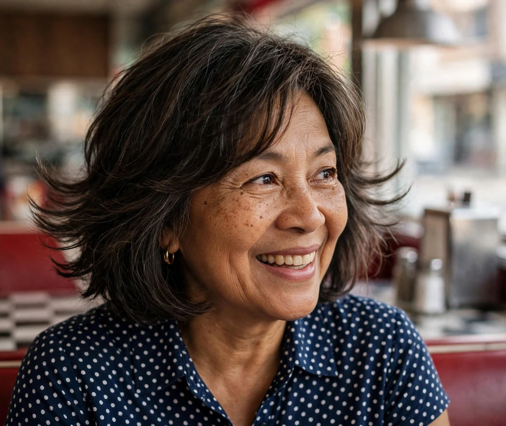 Mixed-race woman in her mid-sixties with a dark brown layered cut with outward flicks in a retro diner