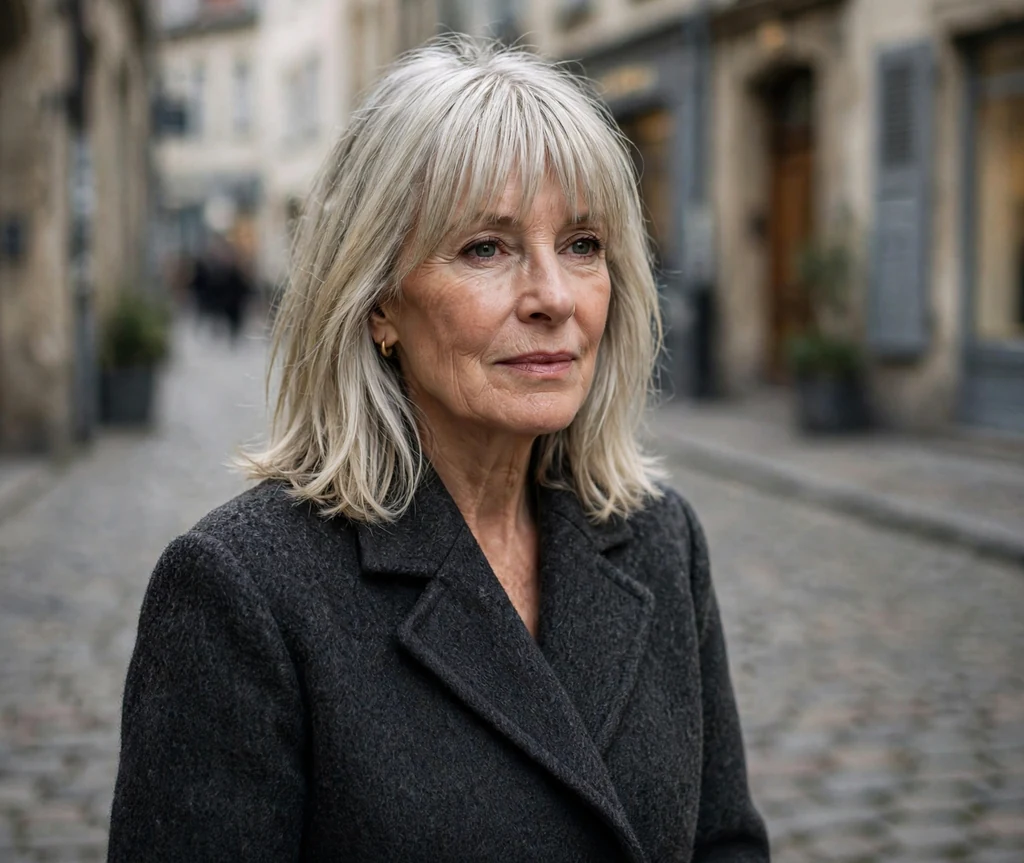 White woman in her early sixties with a silver blonde layered lob with blunt bangs on a European street