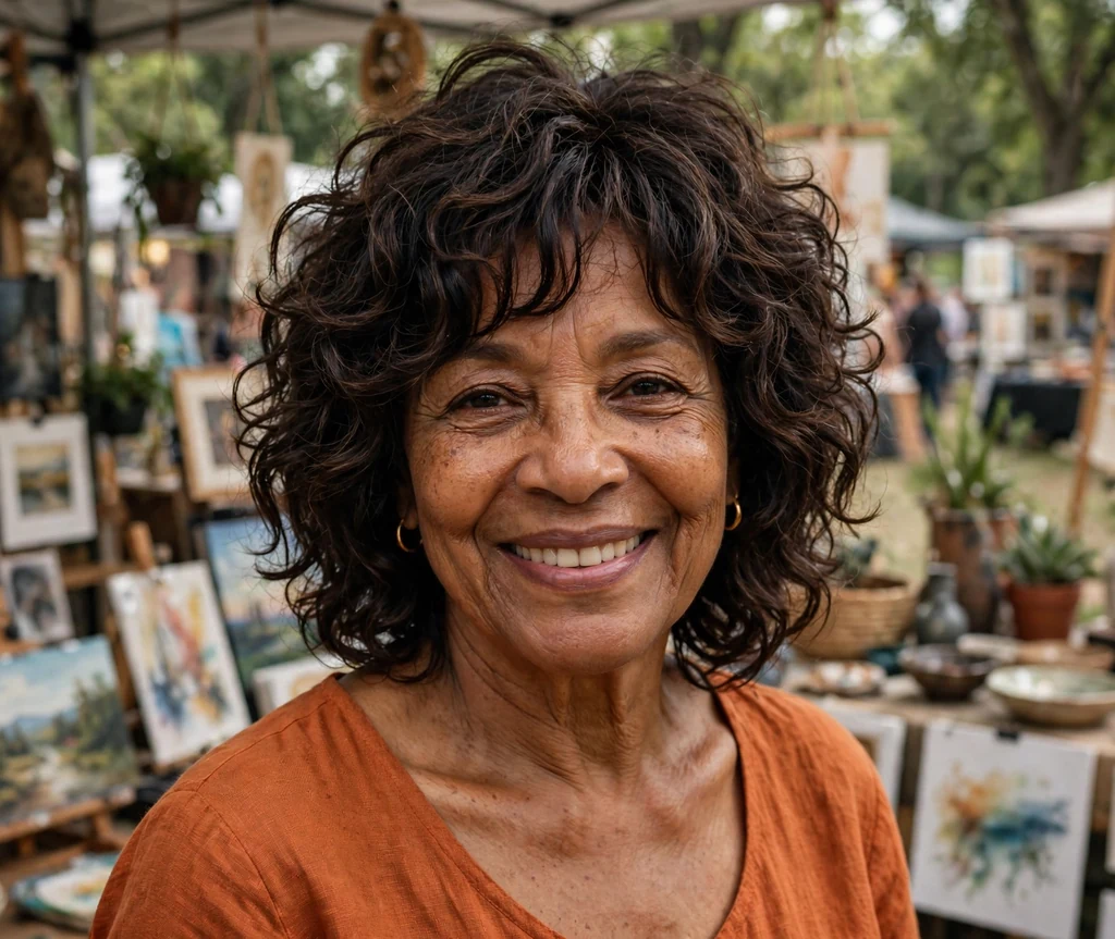 Black woman in her mid-sixties with a textured dark brown layered shaggy bob at an art market