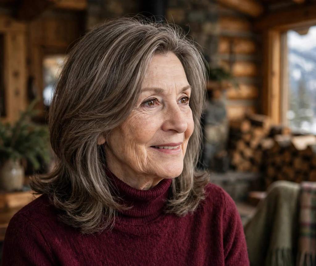 White woman in her late sixties with an ash brown layered cut with a deep side part in a mountain lodge