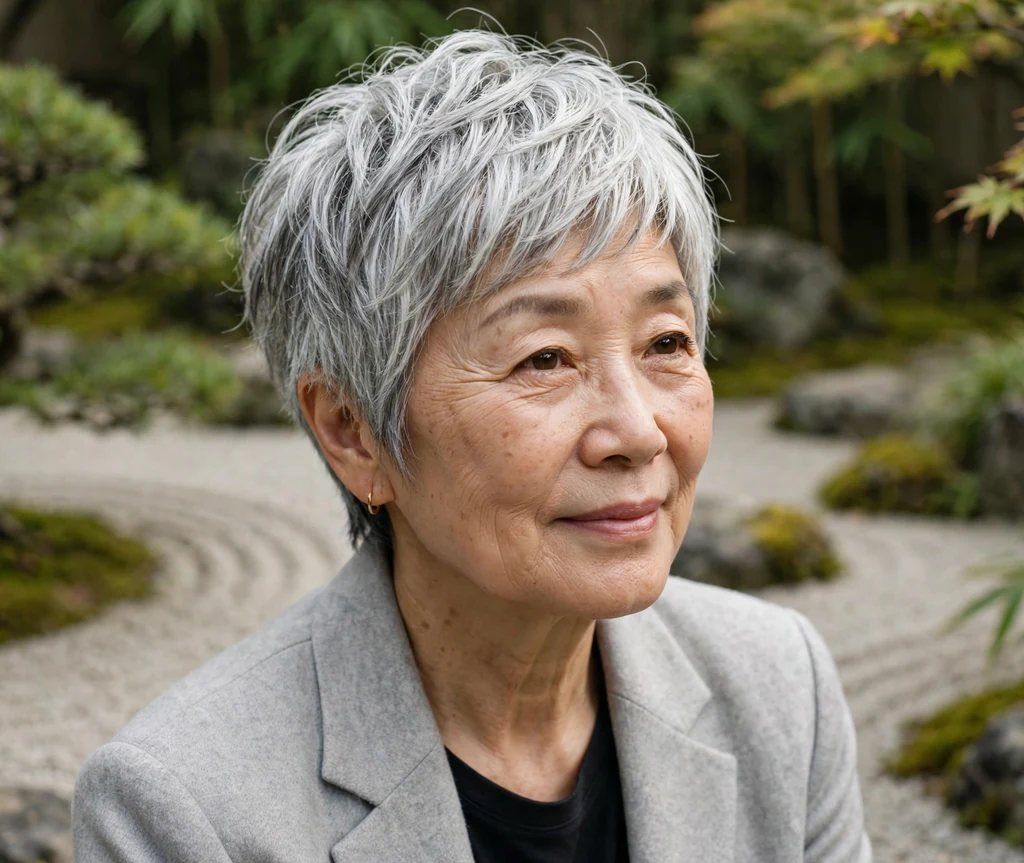 East Asian woman in her mid-sixties with a silver airy layered pixie in a zen garden