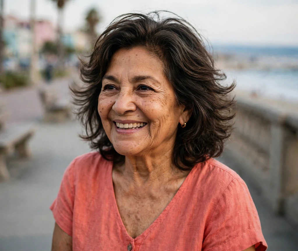 Latina woman in her early seventies with a dark brown layered medium cut with movement on a seaside promenade