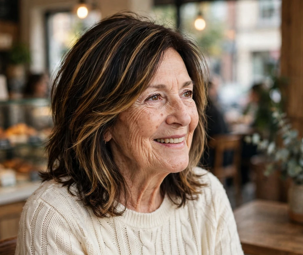 White woman in her late sixties with a caramel balayage layered cut in a coffee shop