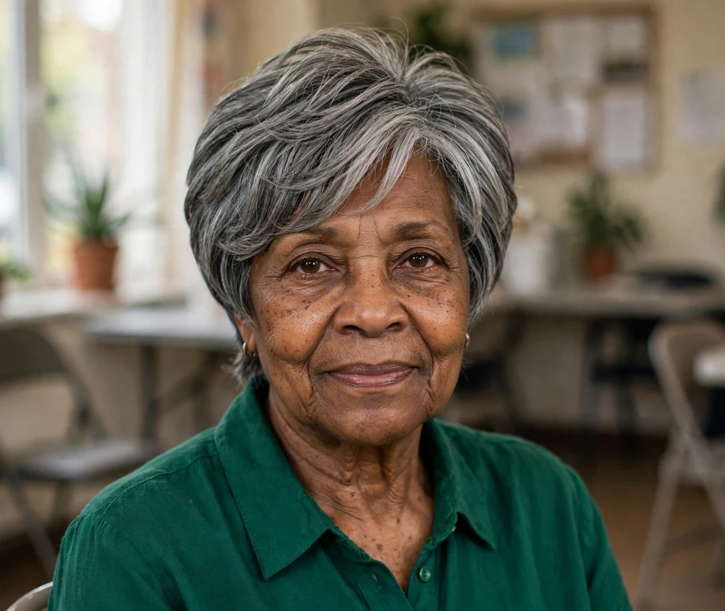 Black woman in her early seventies with a grey layered bob with a tapered nape in a community center