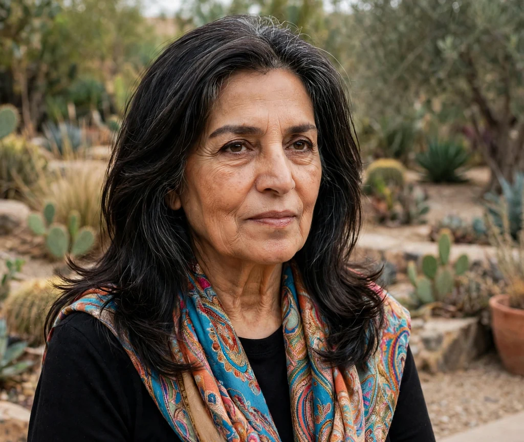 Middle Eastern woman in her early sixties with long dark layers with face framing in a desert garden
