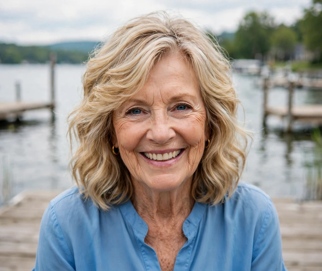 White woman in her mid-sixties with a blonde layered wavy lob at a lakeside dock