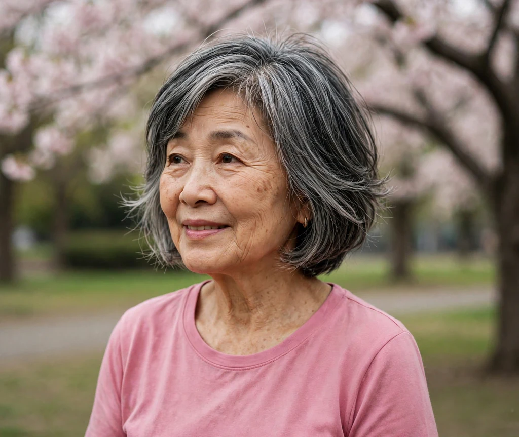 East Asian woman in her late sixties with a salt-and-pepper layered cut with wispy ends in a cherry blossom park