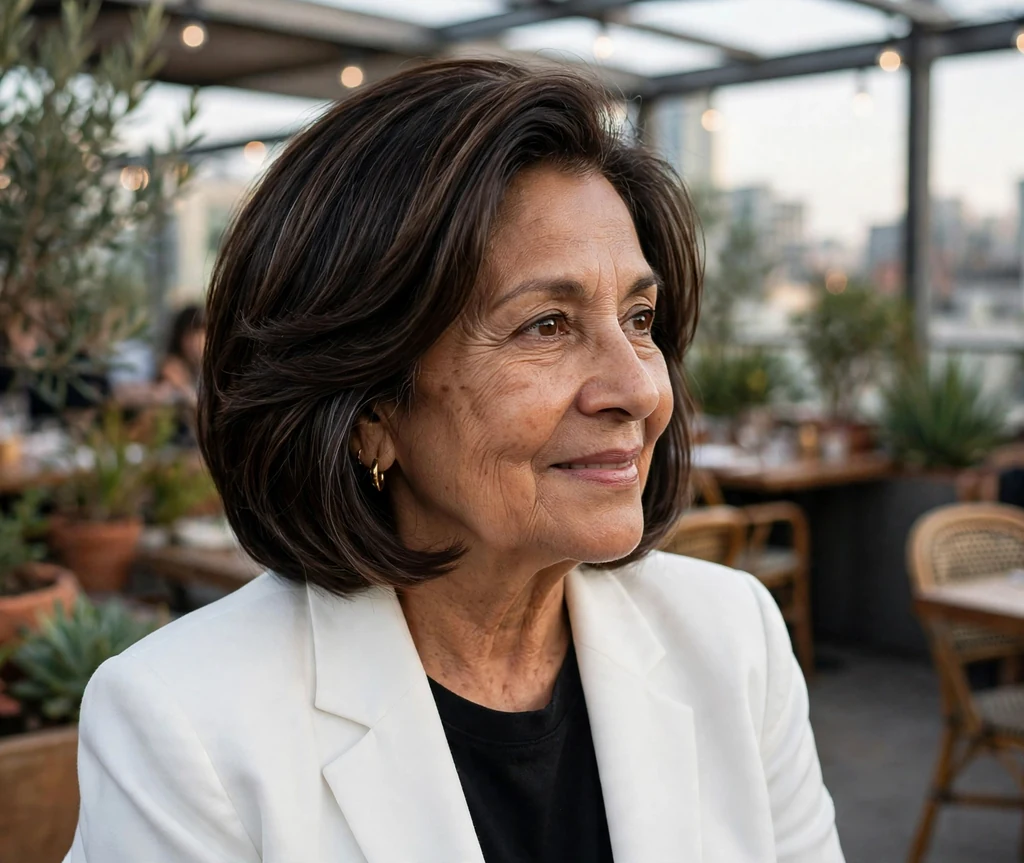 Latina woman in her mid-sixties with a polished dark brown layered bob at a rooftop restaurant