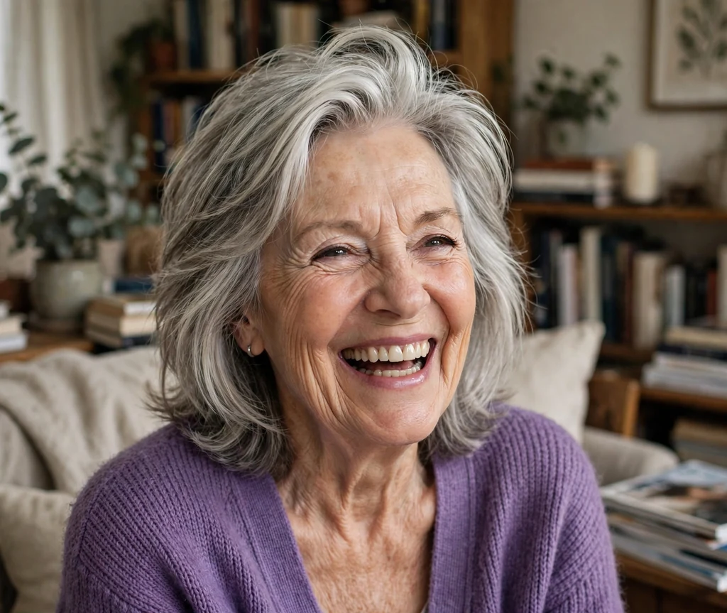White woman in her early seventies with a silver layered cut with volume at the roots in a book club living room
