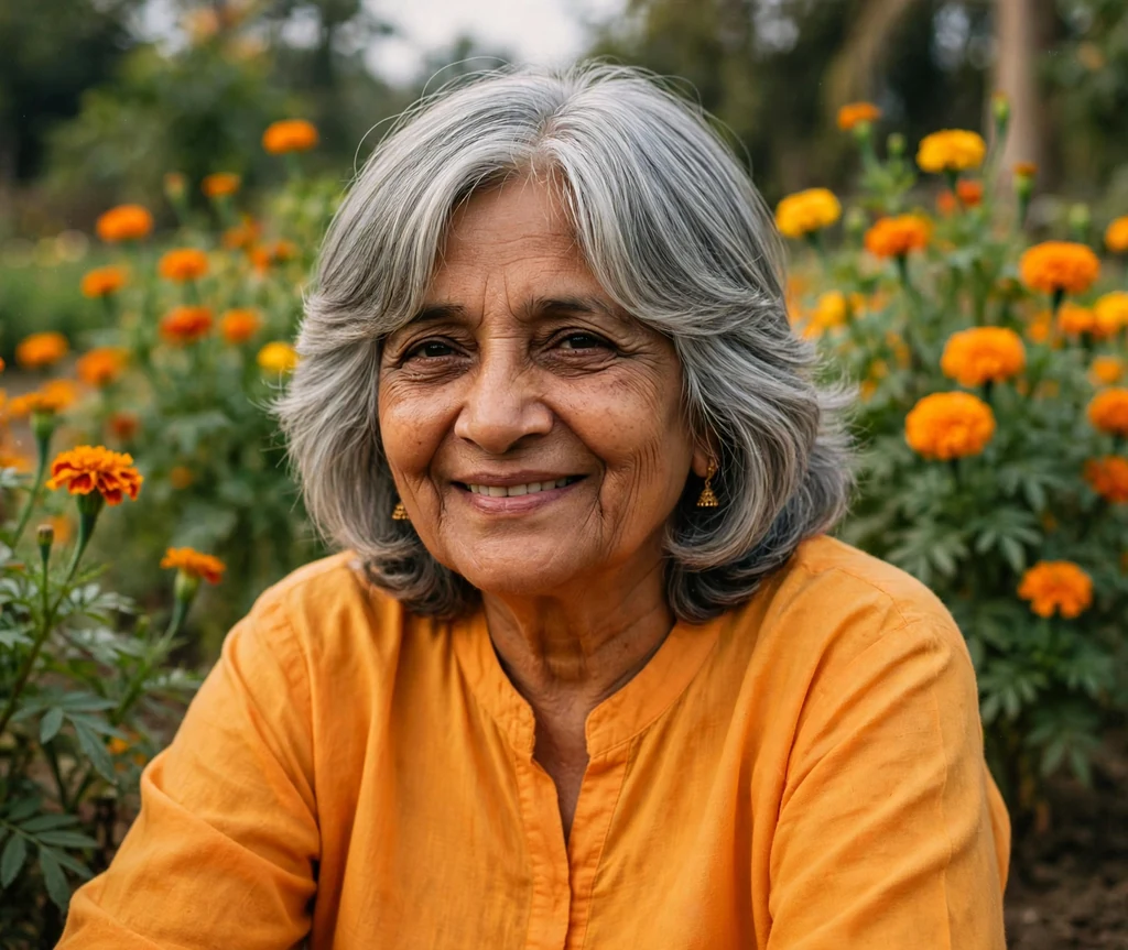South Asian woman in her late sixties with a grey soft layered cut with curtain fringe in a marigold garden