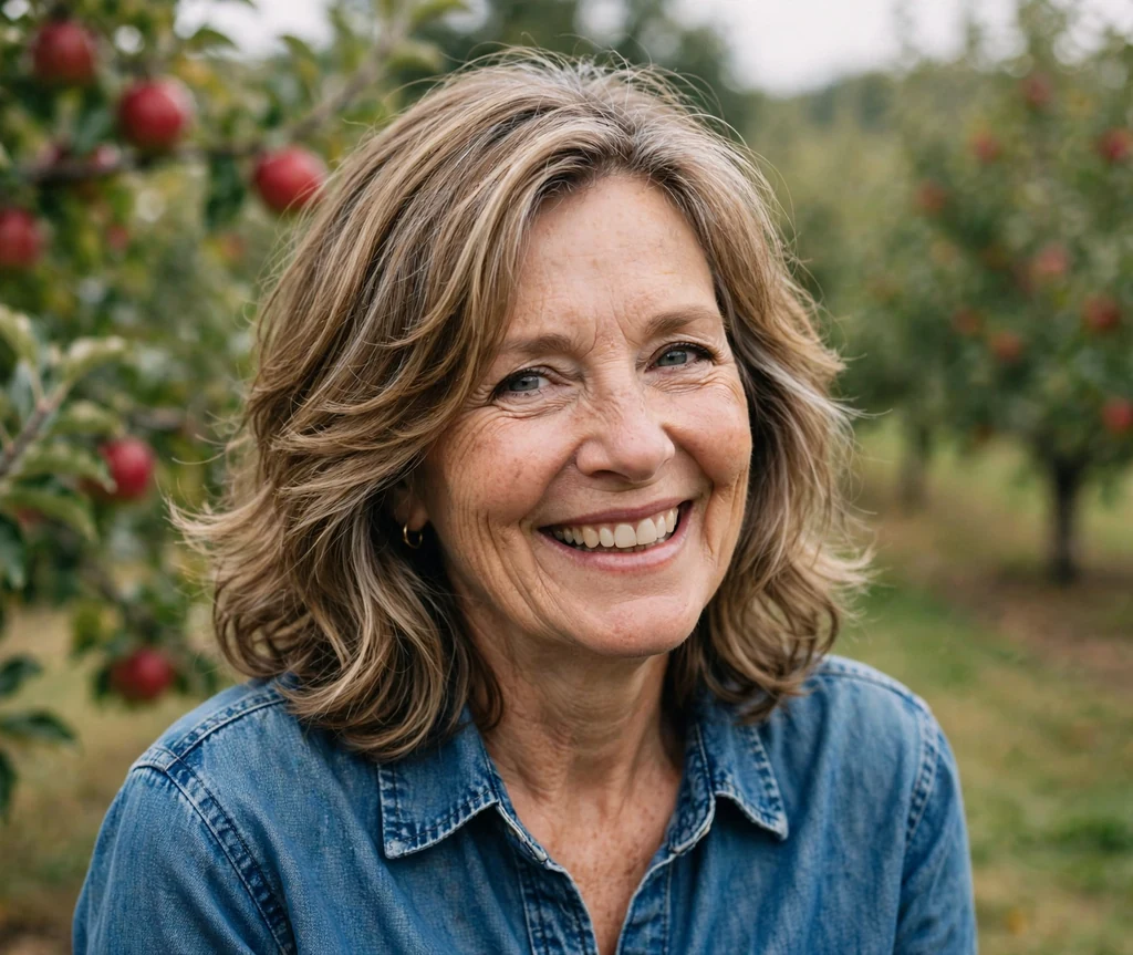 White woman in her late fifties with a light brown layered long bob with waves in an apple orchard