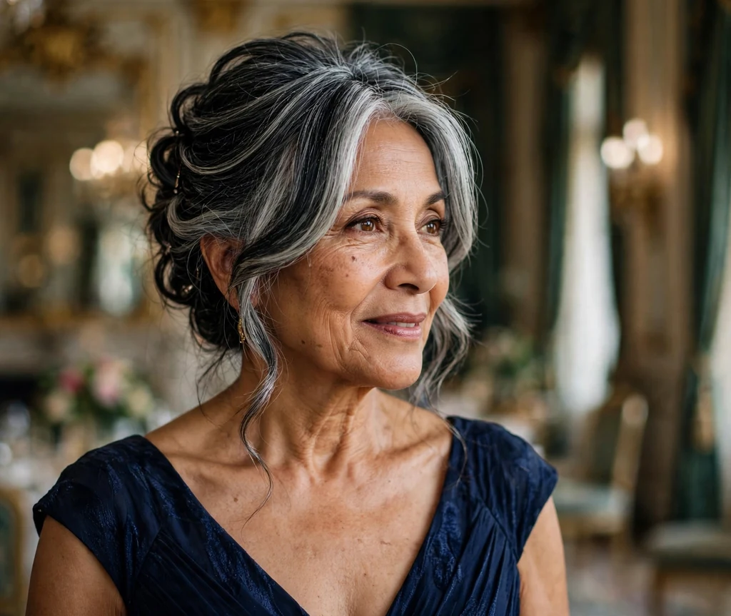 Mixed-race woman in her late sixties with silver-streaked black softly pinned layered hair in a ballroom