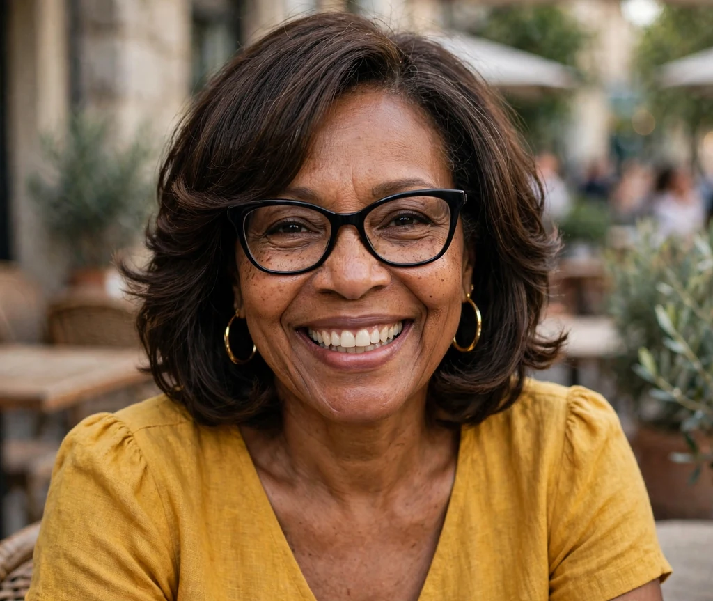 African-American woman in her late 50s with a dark brown face-framing layered lob wearing black cat-eye glasses