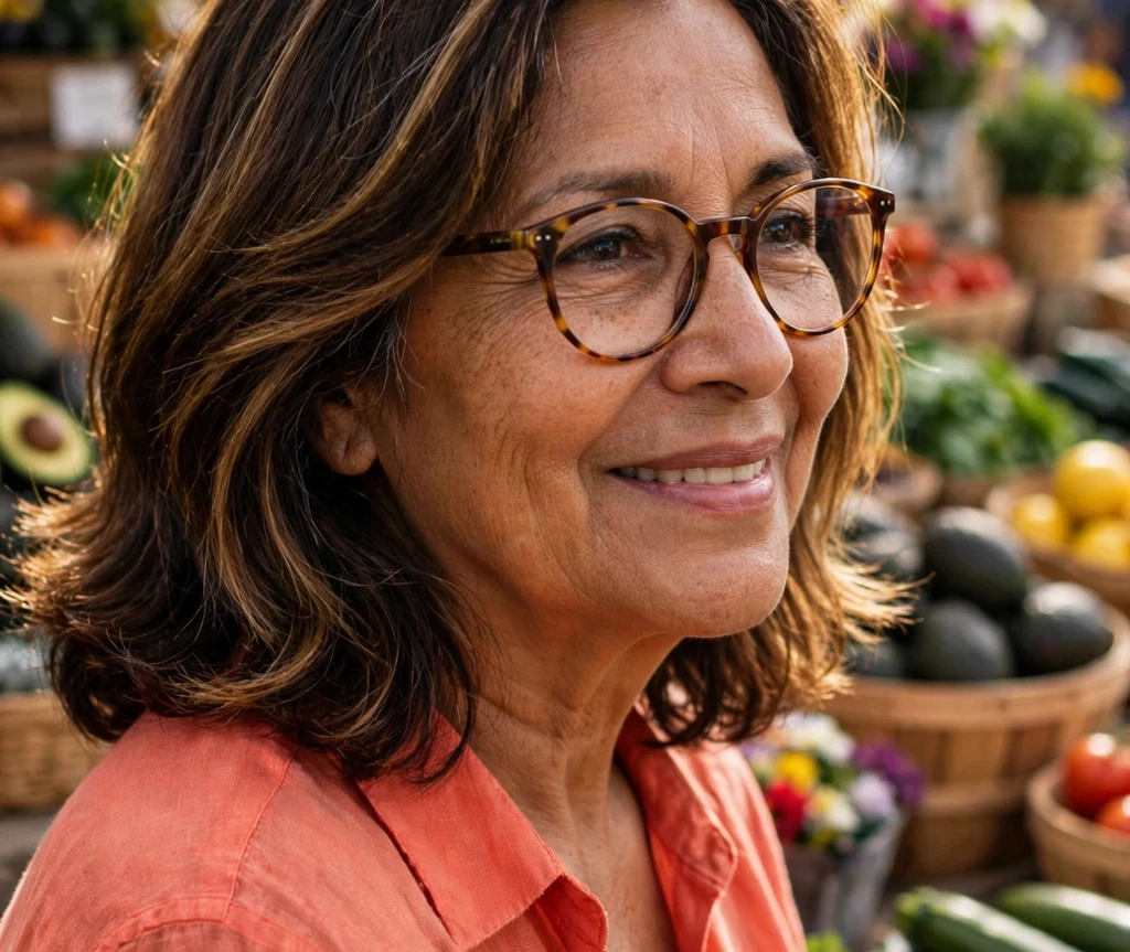 Latina woman in her early 60s with dark brown shoulder-length layered hair and highlights wearing round tortoiseshell glasses