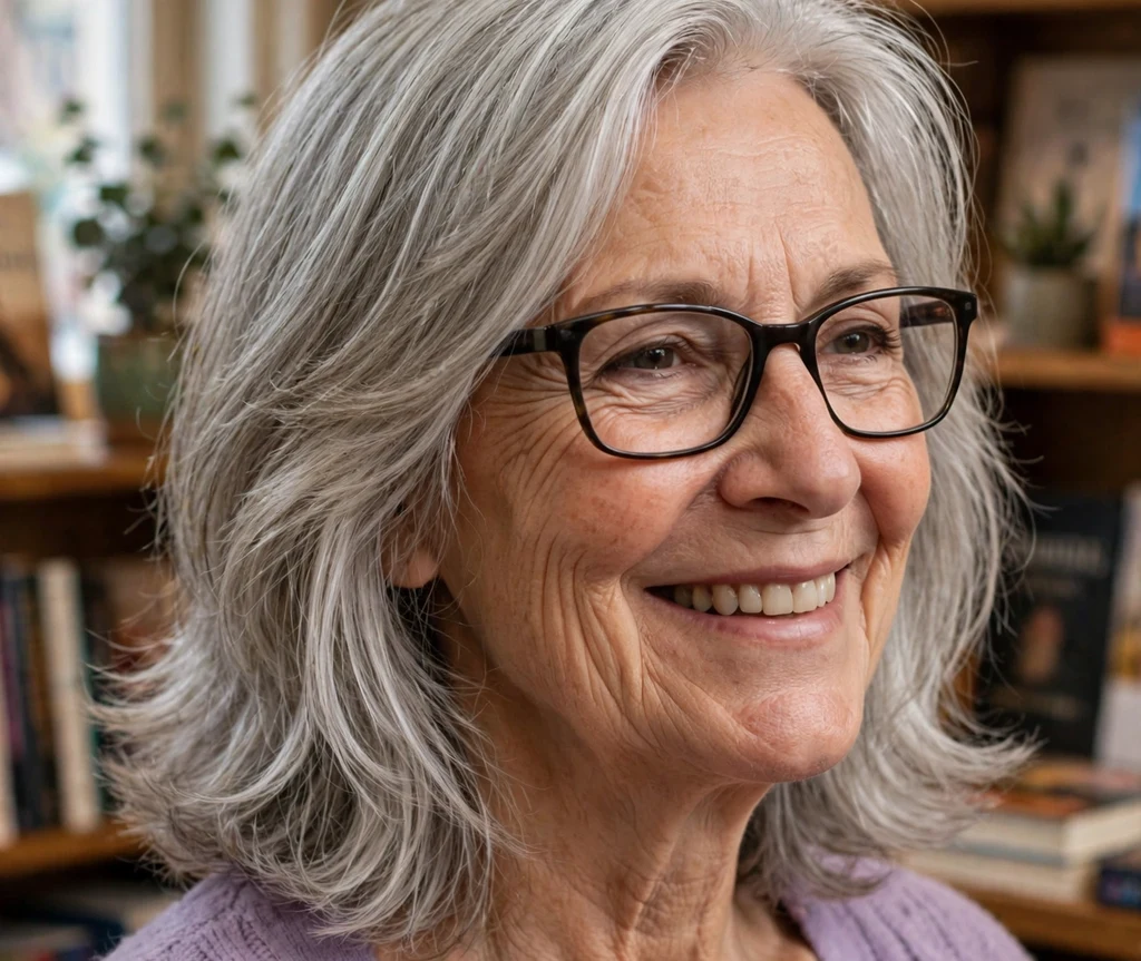 Caucasian woman in her late 60s with silver feathered layered hair wearing rectangular dark-framed glasses in a bookstore