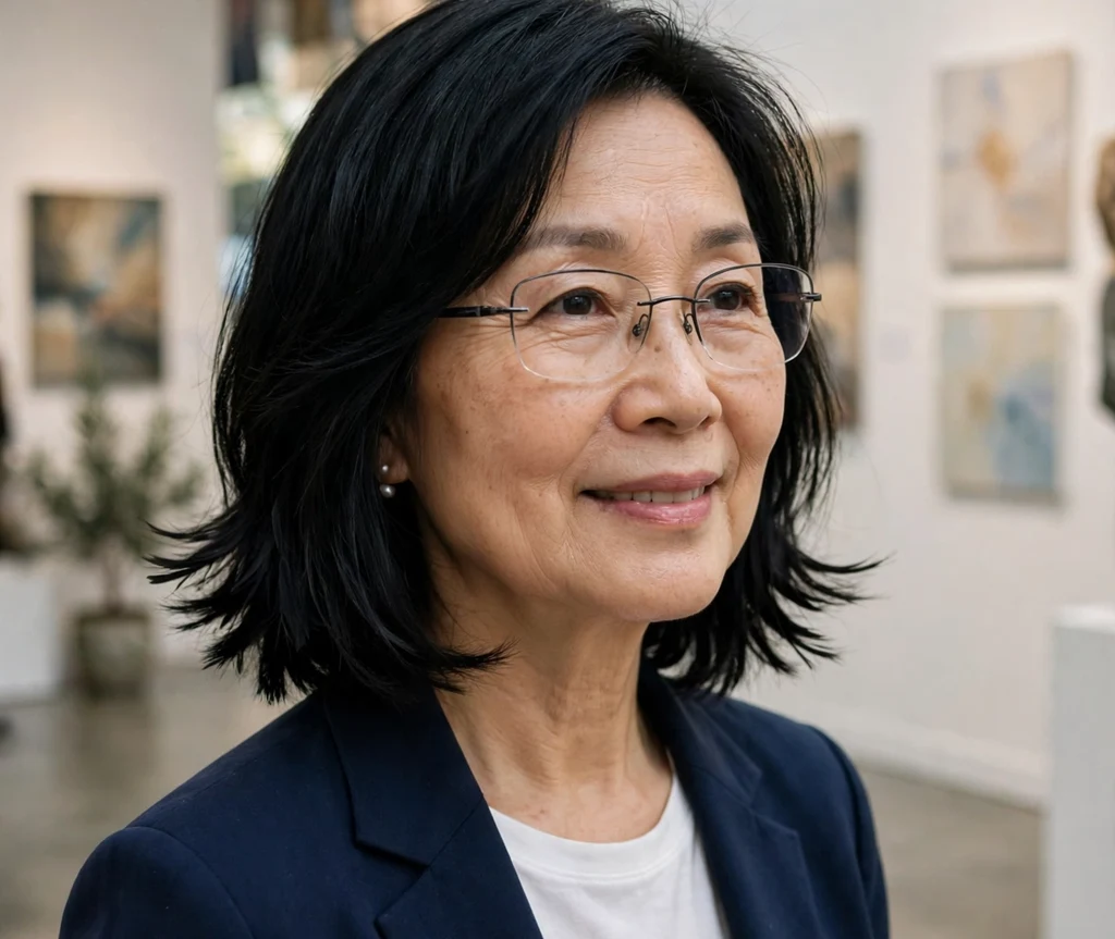 East Asian woman in her early 60s with a straight black feathered layered bob wearing rimless glasses at an art gallery