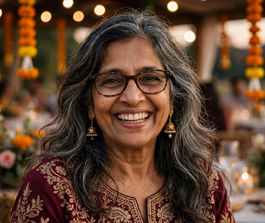 South Asian woman in her 60s with long salt-and-pepper layered waves wearing tortoiseshell glasses at a wedding reception
