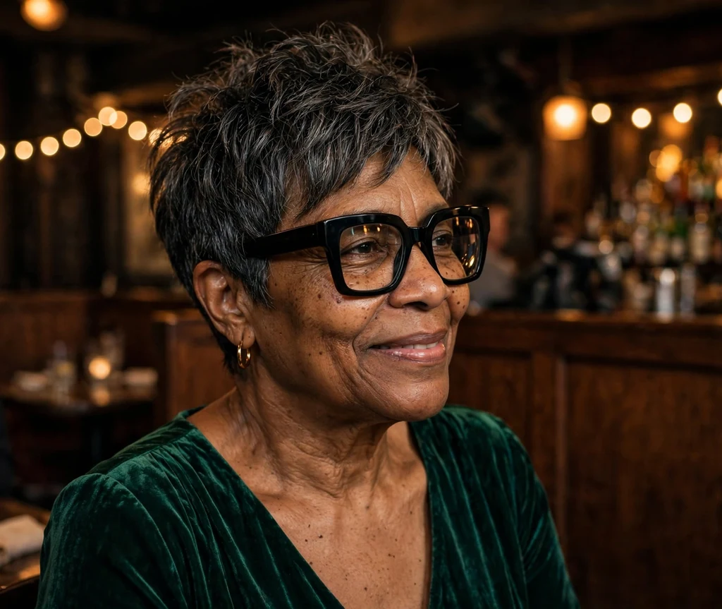 Black woman in her early 60s with a textured layered pixie cut wearing bold square black glasses at a jazz club