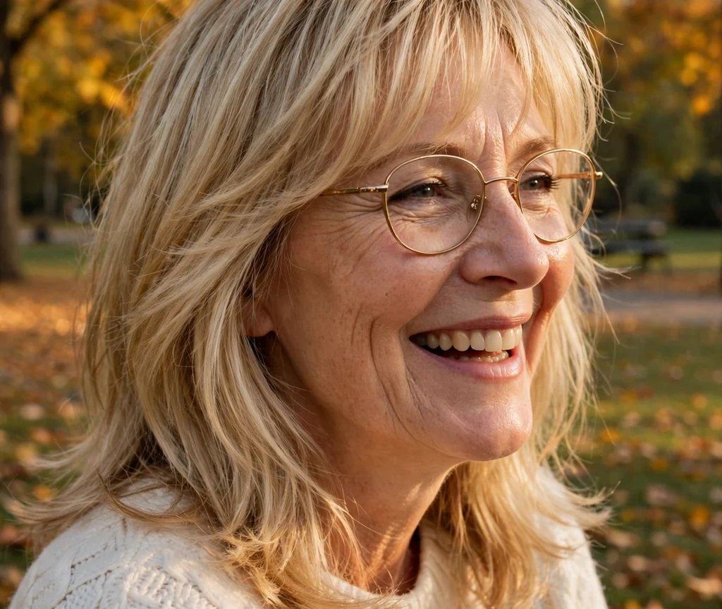 Caucasian woman in her late 50s with blonde layered hair and wispy bangs wearing oval gold-rimmed glasses in an autumn park