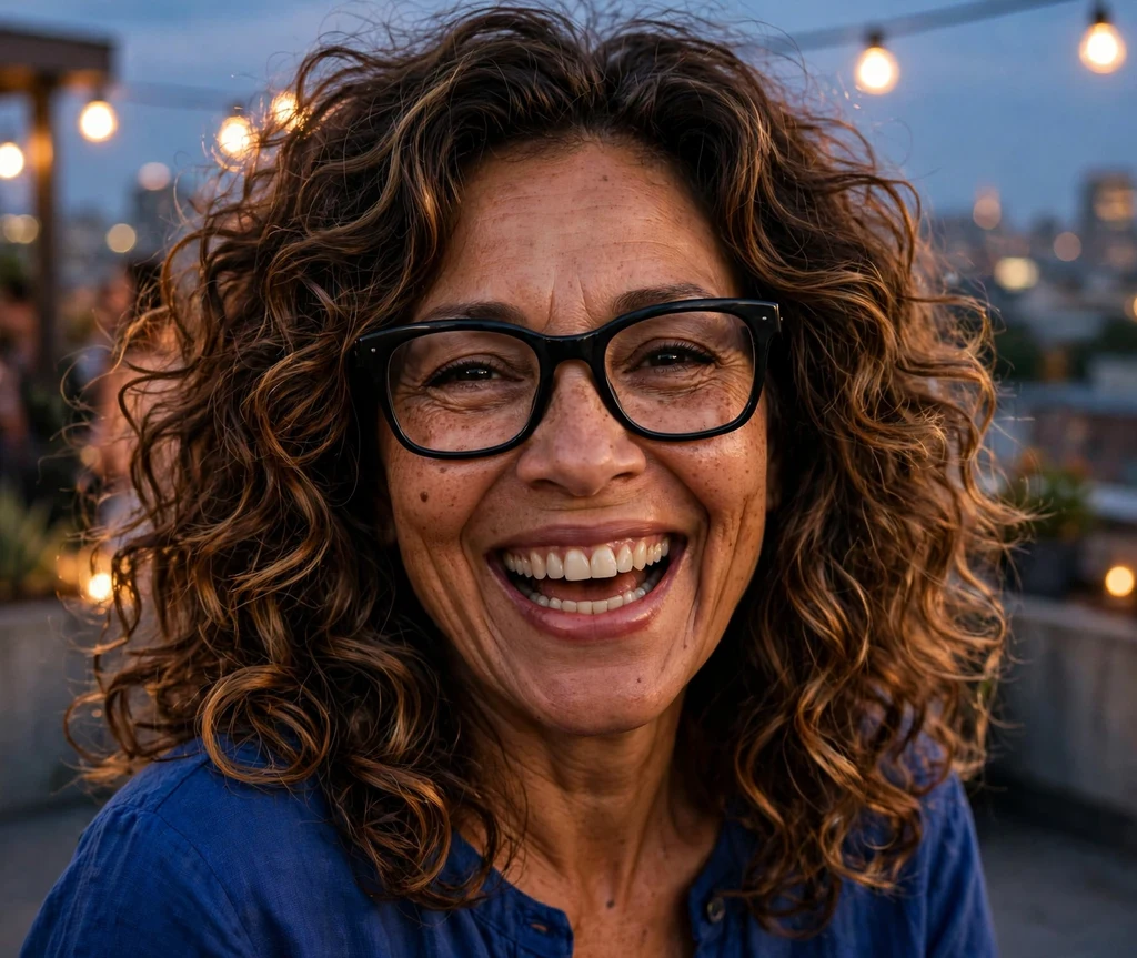 Mixed-race woman in her 60s with voluminous layered curls and caramel highlights wearing chunky black glasses at a rooftop party