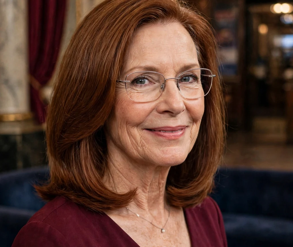 Caucasian woman in her 60s with sleek auburn layered blowout hair wearing thin silver metal glasses in a theater lobby