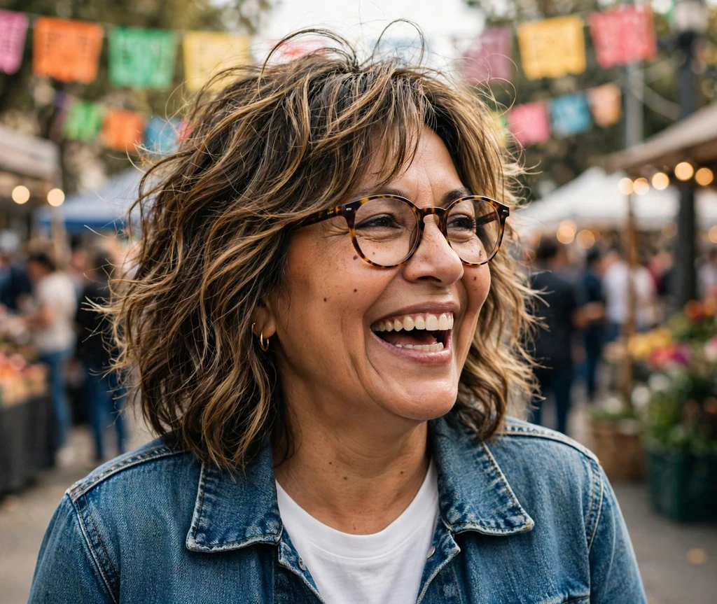 Latina woman in her late 50s with a layered shag haircut and caramel highlights wearing round tortoiseshell glasses at a street festival