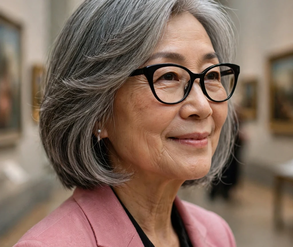 East Asian woman in her late 60s with chin-length grey layered hair wearing elegant black cat-eye glasses at a museum