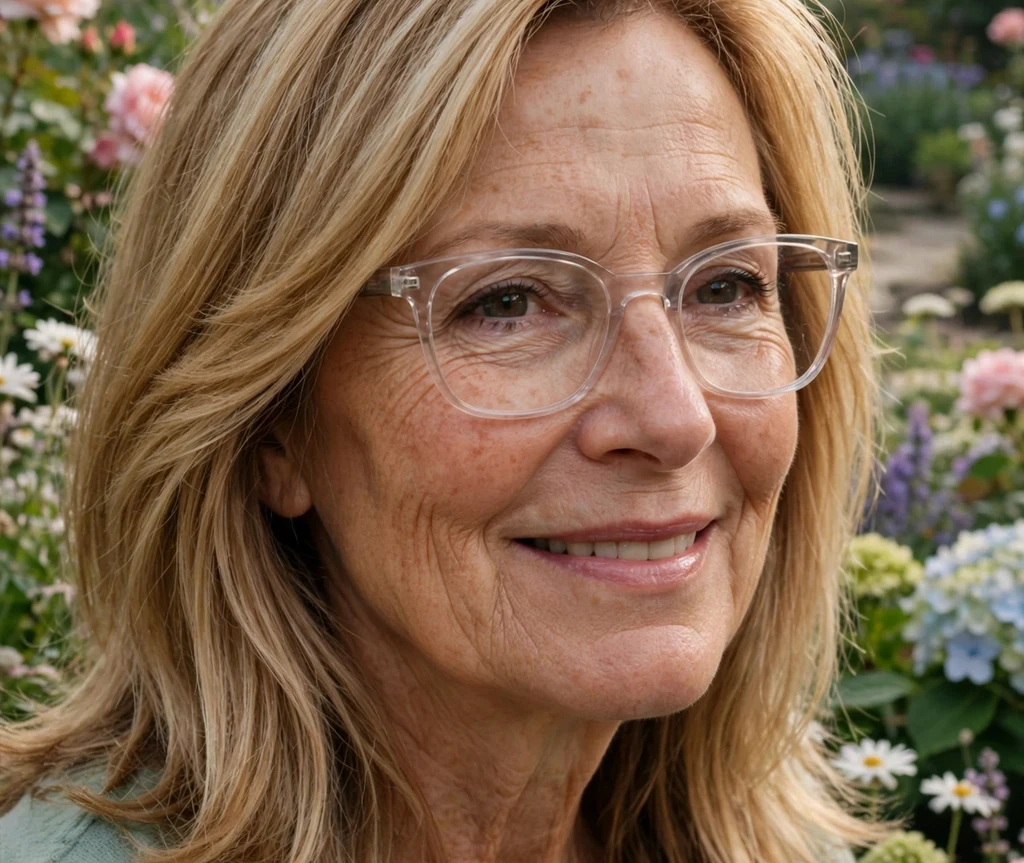 Caucasian woman in her early 60s with side-parted honey-blonde layered hair wearing clear transparent-framed glasses in a garden