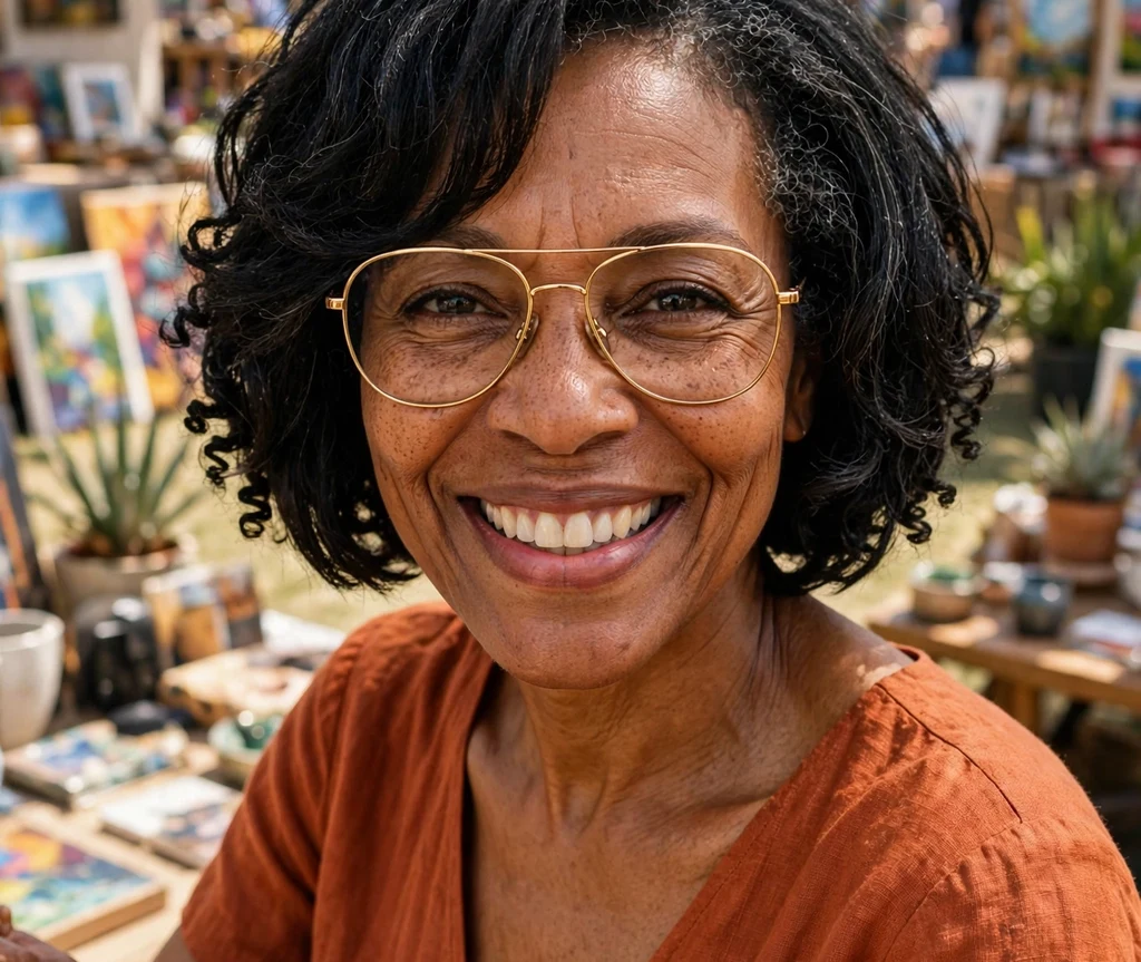 Black woman in her late 50s with a textured layered bob wearing gold aviator-style glasses at an outdoor art fair