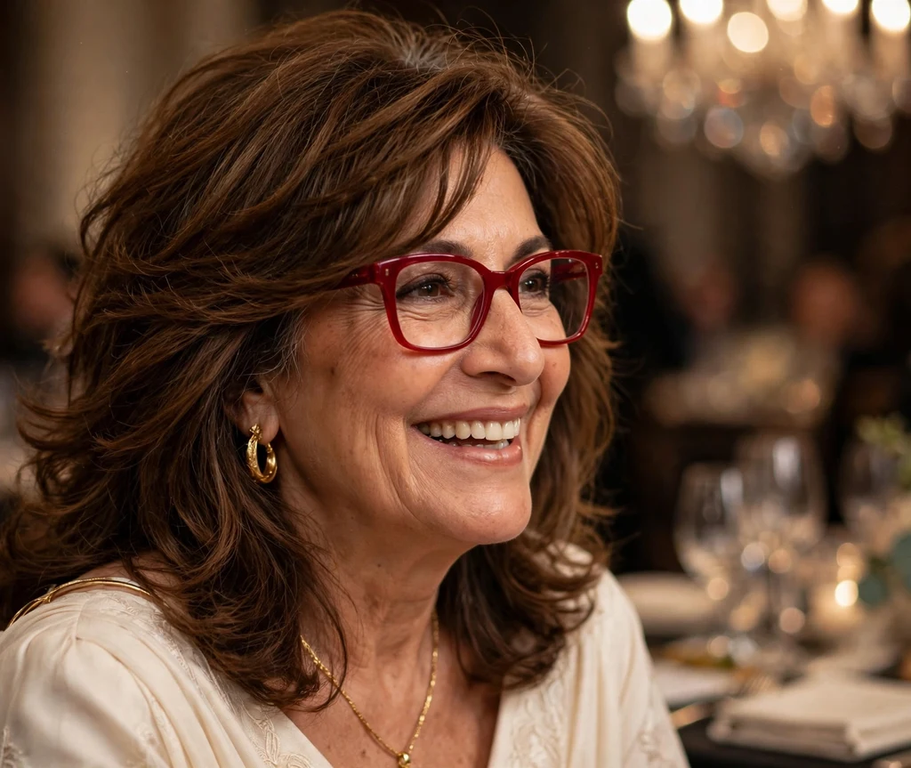 Middle Eastern woman in her 60s with voluminous chestnut layered hair wearing bold red-framed glasses at a gala dinner